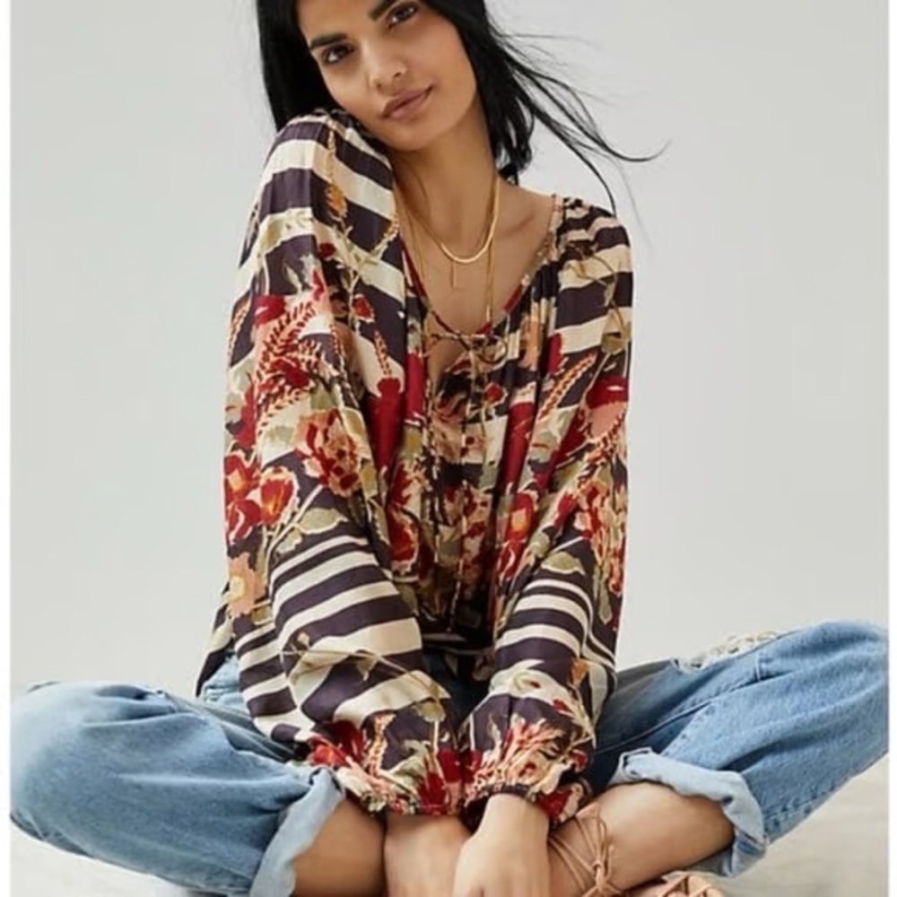 $355 Mes Demoiselles Floral & Stripe Peasant Blouse - Red, Black, Cream